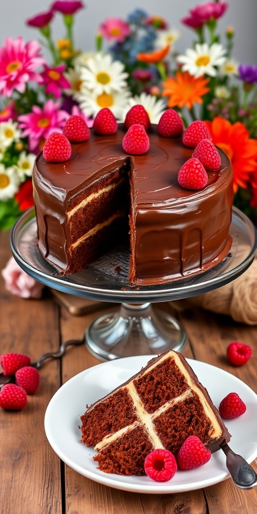 A beautifully decorated chocolate frosted cake on a glass cake stand with a slice on a white plate garnished with fresh raspberries and a fork beside it, set against a background of colorful flowers and a rustic wooden table.