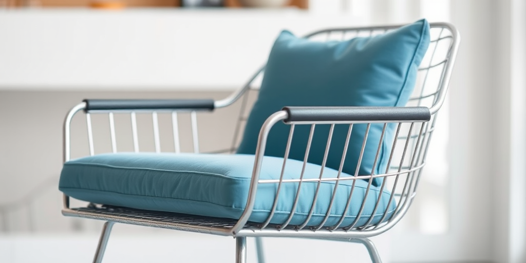 Create a high-resolution image of a modern metallic chair with a soft blue cushion, using a DSLR camera with a 50mm lens, f/1.8 aperture, ISO 100, and a shallow depth of field, in a bright, well-lit setting.