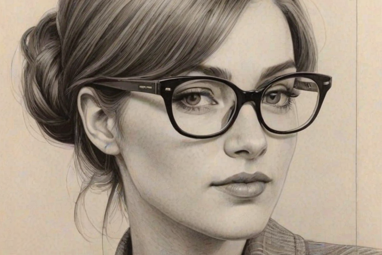 Magnificent Kara Killmer, pencil sketch, portrait of Charming woman 1963s in glasses, hair style beatnik, outline, clear lines, fine lines, 8k