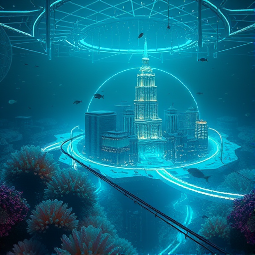a surreal depiction of a sunken metropolis, sitting beneath the ocean, surrounded by a giant glass dome with buildings and bustling streets. Outside the dome, bioluminescent marine life glides gracefully by, bathing the cityscape in a soft, ethereal garden of glowing artificial corals, outfitted with LEDs that change color to reflect the time of day or weather changes. Neon-colored lines embedded in the seafloor outline different city areas, while intricate patterns of glowing veins soften the landscape. Fiber-optic cables run through the city, their ends gleaming to form a radiating line, and fish swim around.