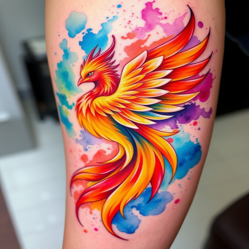 Vibrant watercolor tattoo called "Rainbow Splash" featuring a majestic phoenix rising from swirling hues of red orange and yellow blending seamlessly into cool blues and purples with intricate feather details and subtle white highlights