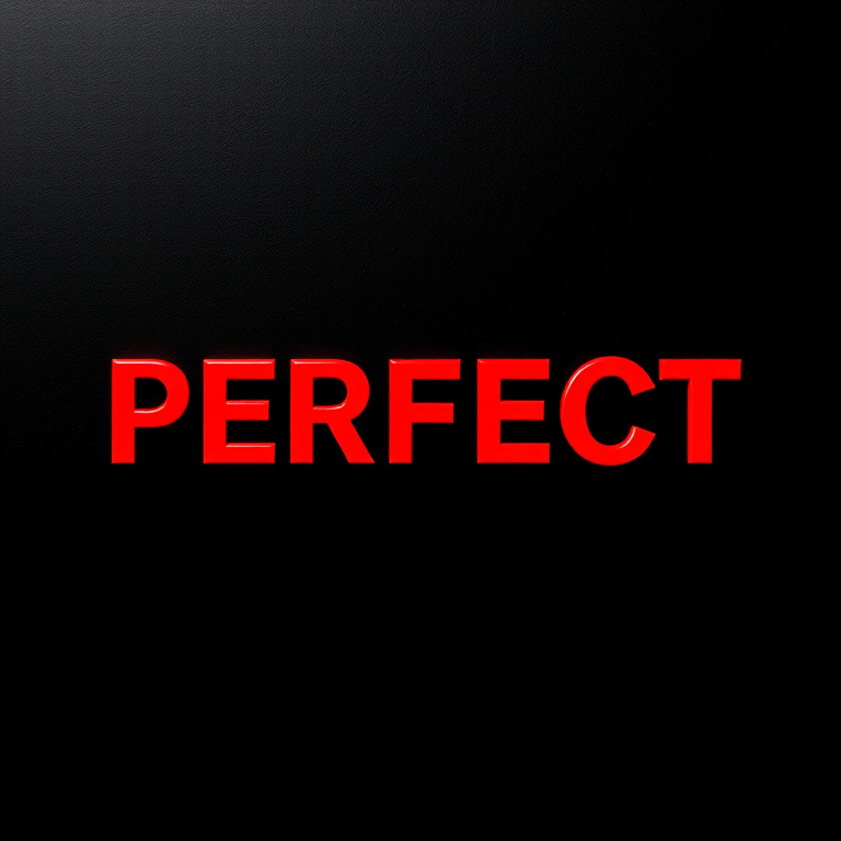 Create an image with the word "PERFECT" in bold red letters against a textured black background, shot with a DSLR camera, aperture f/2.8, ISO 100, 50mm lens, in a straight-on view with soft lighting for enhanced clarity.