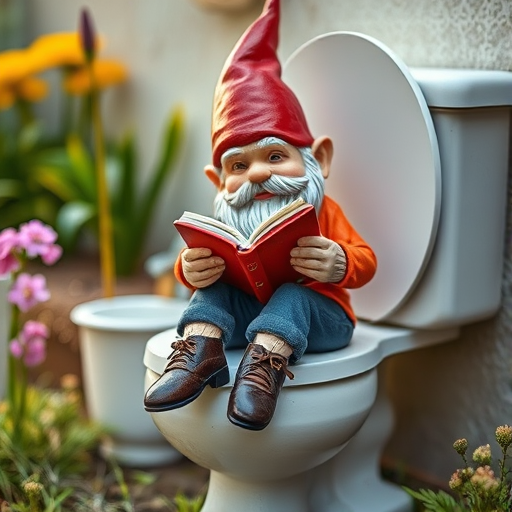 A whimsical garden gnome sitting on a toilet reading a book, vibrant details and textures, soft natural lighting, shot with a DSLR camera at f/2.8, 50mm lens, ISO 200, captured from a low angle for a playful perspective.