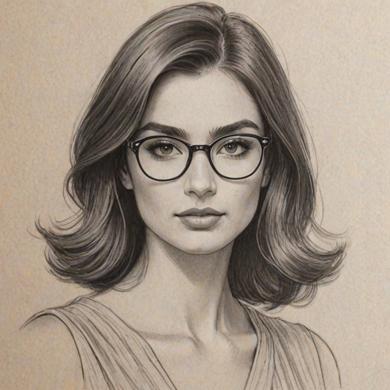 Radiant Mikaela Hoover, pencil sketch, portrait of Magnificent woman 1924s in glasses, hair style beatnik, outline, clear lines, fine lines, 8k