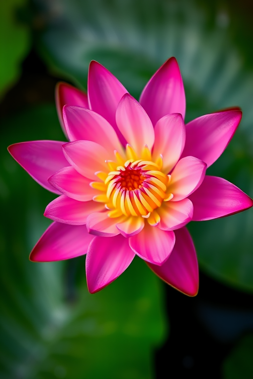 a vibrant pink water lily with yellow center on a soft-focus green background, taken with a Canon EOS R5, 100mm macro lens, aperture f/2.8, ISO 100, natural lighting, shot from above at an angle to emphasize the flower's structure and colors