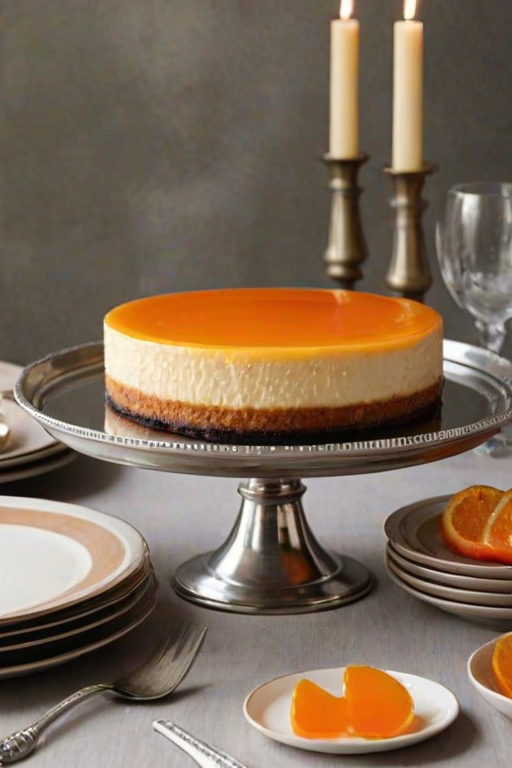 Create an elegant dessert display featuring a cheesecake with a glossy orange glaze, set on a silver platter. The backdrop should include soft, muted colors and vintage tableware. Incorporate a candle for a warm ambiance and subtle smoke effects for a dreamy atmosphere.