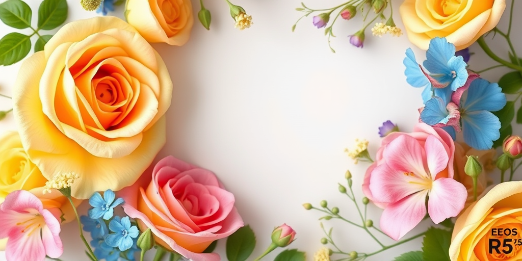 Create a vibrant watercolor floral frame with yellow roses, pink and blue flowers, and delicate greenery, using a Canon EOS R5 at f/2.8 aperture, ISO 100, 50mm lens, and a slight tilt-shift effect for a soft background.