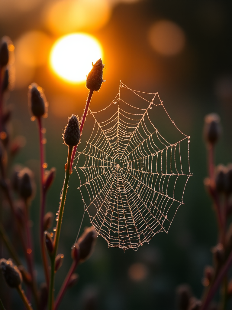 macro shot of dew-covered spiderwebs on plants during sunrise, shallow depth of field, soft bokeh background, ISO 100, f/2.8, 1/200s, taken with a DSLR camera, 50mm lens, natural light