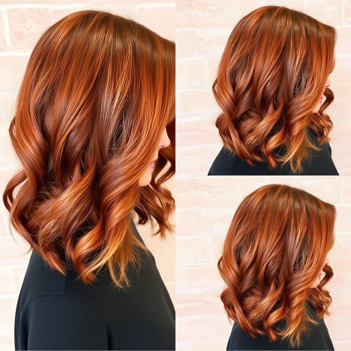Warm cinnamon and ginger tones blend seamlessly in the "Spiced Amber" hairstyle. The shoulder-length cut features soft layers and side-swept bangs, styled in bouncy, voluminous curls. Copper and bronze highlights add depth and dimension, creating a rich, multi-tonal look that's perfect for autumn.