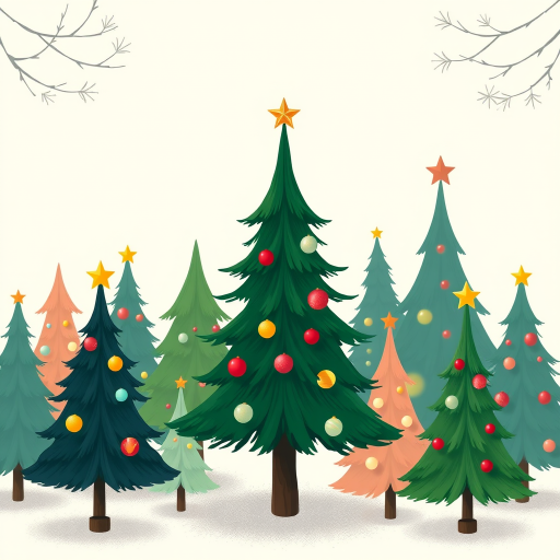 Create a high-resolution illustration of various stylized Christmas trees on a soft pastel background, using a digital drawing tablet, with a resolution of 300 DPI, a view focused on the central composition, and a vibrant color palette.