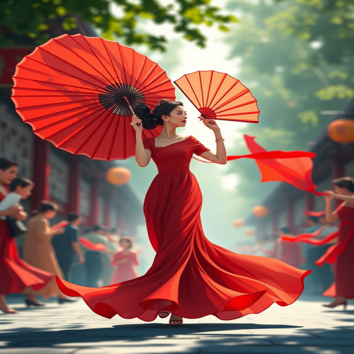 Create a vibrant illustration of a woman in a flowing red dress with a large fan, surrounded by smaller figures in motion, shot with a Canon EOS R5, aperture f/2.8, 35mm lens, in natural lighting with a slight bokeh effect to enhance the subject.