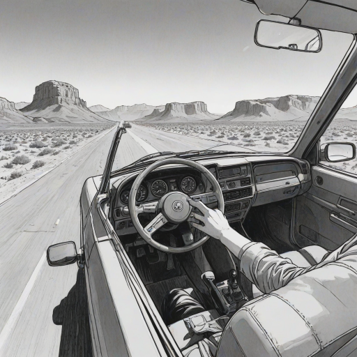 score_9, score_8_up, score_7_up,<lora:H001PXL:1>,<lora:add-detail-xl:.3>,  manga, monochrome, comic, side shot, flat angle,
highway, desert, driver, interior,
 zPDXL