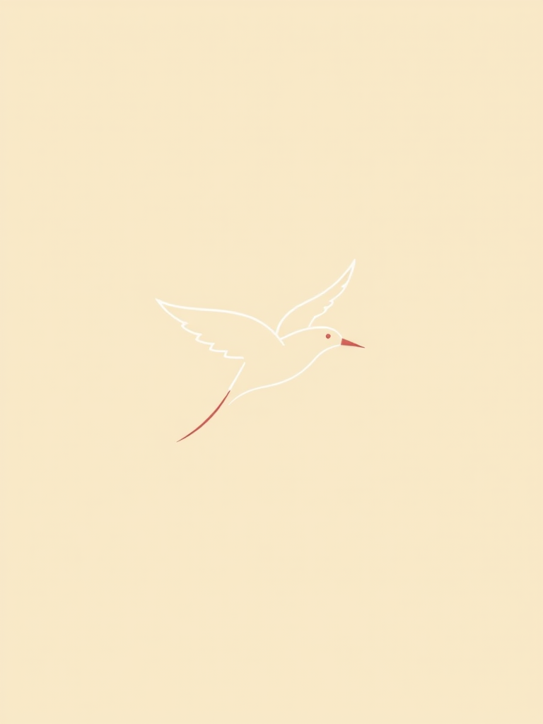 Create a minimalist design of a flying bird with elegant lines and soft colors against a light beige background, using a DSLR camera, 50mm lens, aperture f/2.8, shutter speed 1/200s, ISO 100, high dynamic range for enhanced detail and clarity.