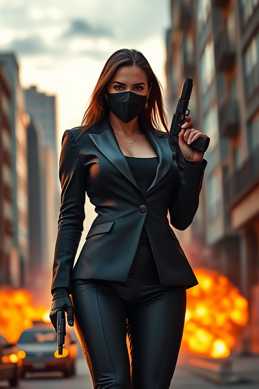 Regenerate an image of a confident woman in a sleek black suit and mask, holding a handgun, standing amidst urban chaos with explosions in the background, shot with a Canon EOS R5, 50mm lens, aperture f/1.8, ISO 100, at sunset for dramatic lighting, in a cinematic style with high contrast and vibrant colors.
