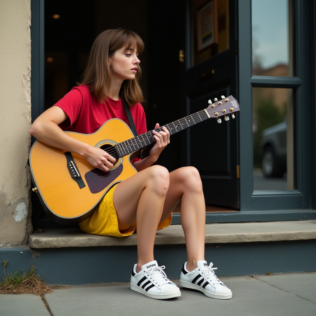 Ultra-realistic and very detailed image, high resolution and definition of a young woman, a rocker. She's sitting on the step of a doorway, with one leg stretched out, playing an acoustic guitar. The young woman is wearing a red T-shirt and yellow shorts. Adidas trainers. The door is glazed and mirrors the street.