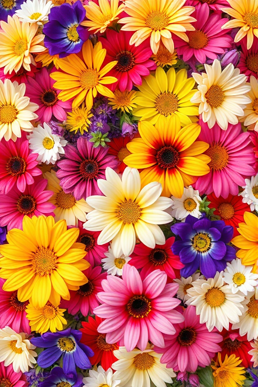 A vibrant floral pattern featuring a variety of colorful flowers, shot with a Canon EOS R5, 50mm lens, f/2.8 aperture, ISO 100, natural light, top-down view, high-resolution, soft-focus background.