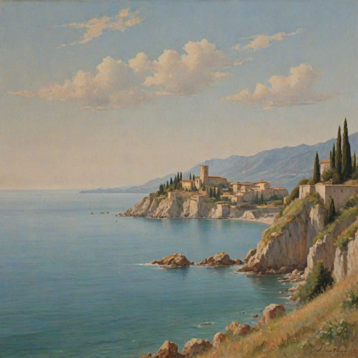 (italian seascape,sea),distant small mediaval italian castle,soft colours,