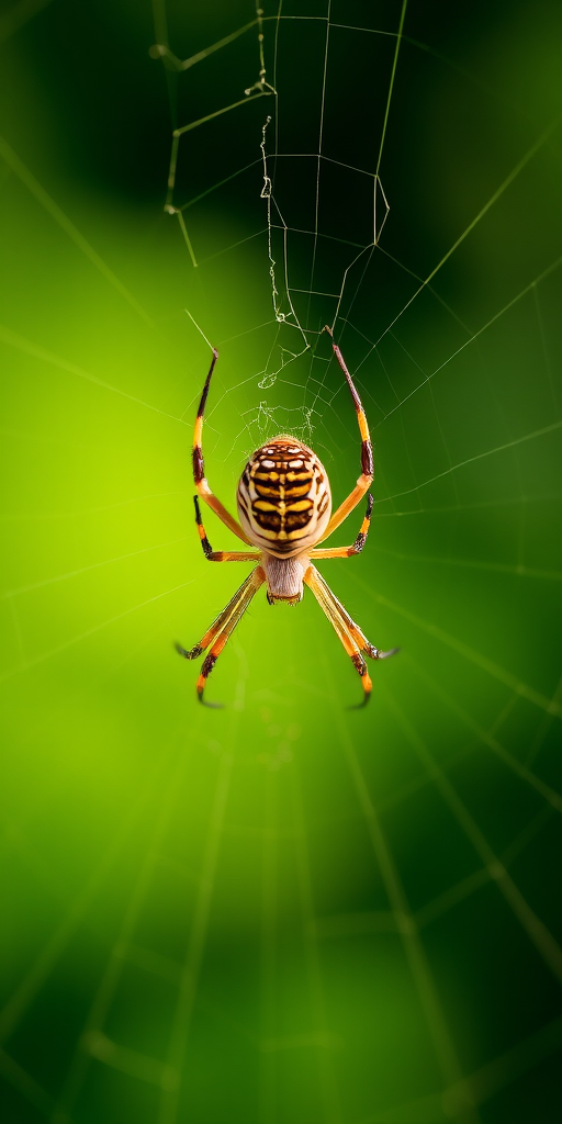 Close-up of a spider on its web against a blurred green background, using a macro lens at f/2.8, shutter speed 1/200s, ISO 200, natural lighting for enhanced depth of field, shot with a DSLR camera.