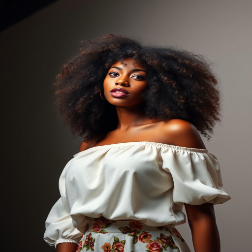 portrait of a woman with voluminous natural hair wearing a white off-shoulder blouse and floral skirt, soft focus background, studio lighting, 85mm lens, aperture f/1.8, ISO 100, low angle shot, high dynamic range imaging