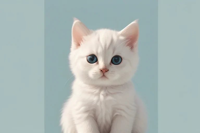 A Charming White Kitten with Striking Blue Eyes Posing Cutely.