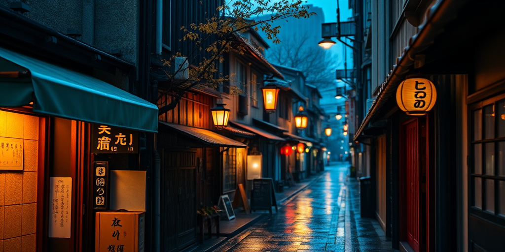 Narrow alleyway in a traditional Japanese town during a rainy autumn evening, soft bokeh lights, Canon EOS R5, 50mm f/1.2 lens, aperture f/2.8, ISO 400, shutter speed 1/60s, HDR style for enhanced details.