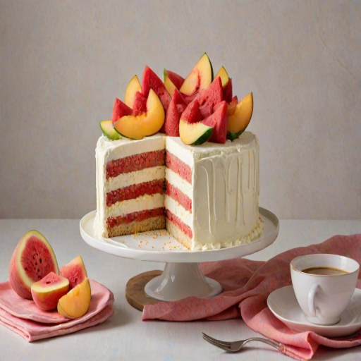 Create an image of a three-layered cake with a smooth cream frosting. The cake should have peach slices and small pieces of watermelon on top for decoration. Include a slice of the cake on a small plate beside it, showing the layers inside. The background should be softly lit with a hint of fabric draped nearby.