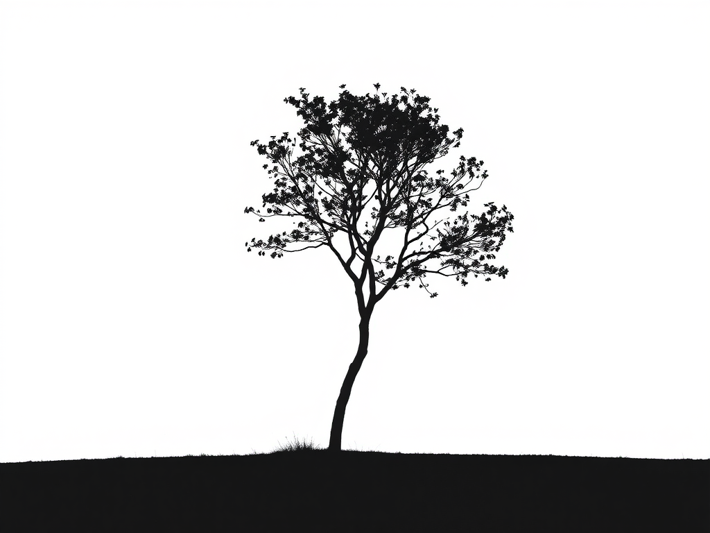 Create a minimalistic black silhouette of a tree against a white background, captured with a Canon EOS R5, 50mm lens, f/1.8 aperture, ISO 100, 1/200 sec shutter speed, using natural lighting and a shallow depth of field.