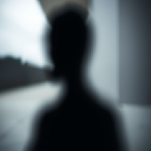 Create an abstract image of a black figure in a minimalist style with a soft focus effect, using a DSLR camera with a 50mm lens, aperture set to f/1.8, ISO 100, and a shallow depth of field from a low-angle perspective.
