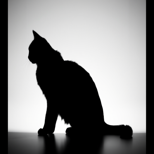 Generate a high-resolution black silhouette of a cat sitting gracefully with a soft gradient background using a DSLR camera, aperture f/2.8, ISO 100, 50mm lens, shot from a low angle for depth.