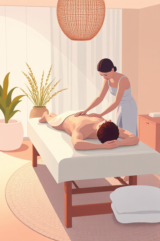 Create a high-quality illustration of a massage scene showing a person giving a massage to a woman lying on a massage table, with soft lighting, in a serene spa environment, using a DSLR camera with a 50mm lens, aperture set to f/2.8, ISO 200, and a soft-focus background.