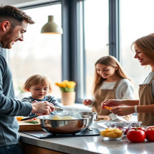 a family cooking together in a modern kitchen with large windows, soft natural lighting, close-up shot, aperture f/2.8, ISO 100, 50mm lens, high dynamic range, DSLR camera