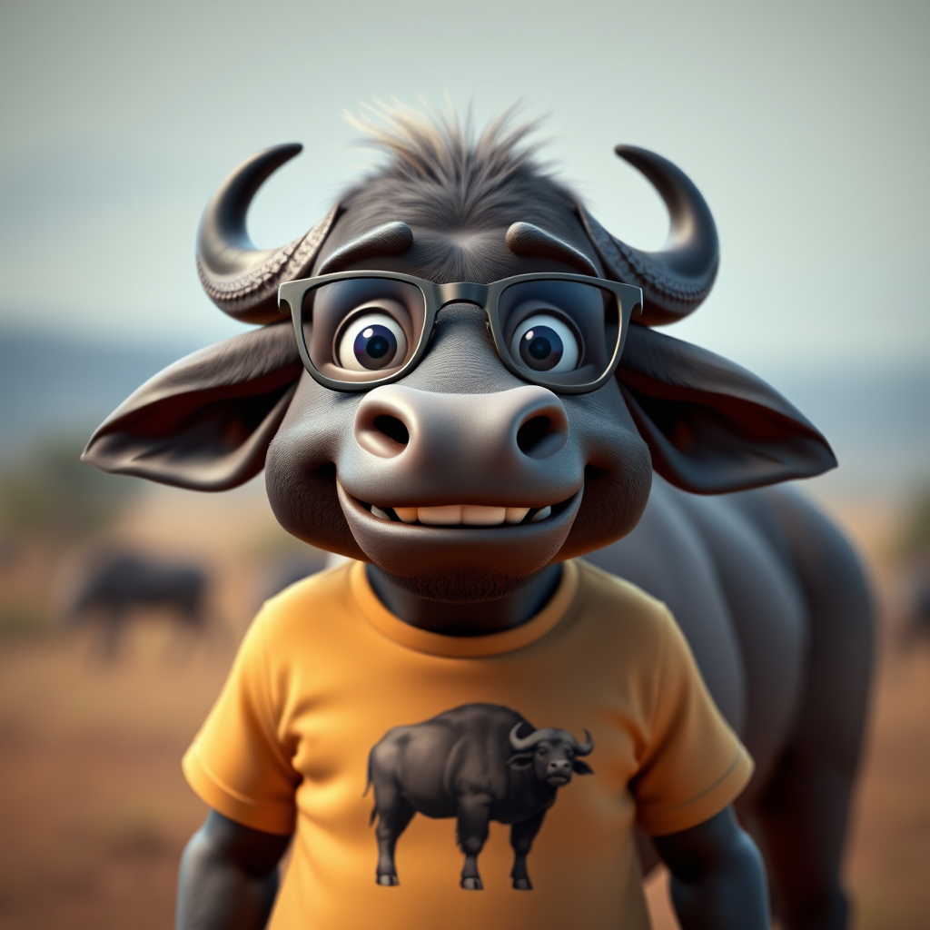Hyperrealistic 3D render of a smiling cartoon Cape Buffalo wearing glasses and a beige t-shirt with a smaller buffalo image printed on it, missing some teeth, set against a blurred African savanna background, detailed fur, 8k resolution, octane render, artstation trending.