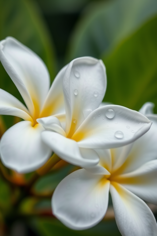 close-up of white plumeria flowers with water droplets on petals, soft-focus background of green leaves, f/2.8 aperture, 100mm macro lens, ISO 200, natural light, DSLR camera