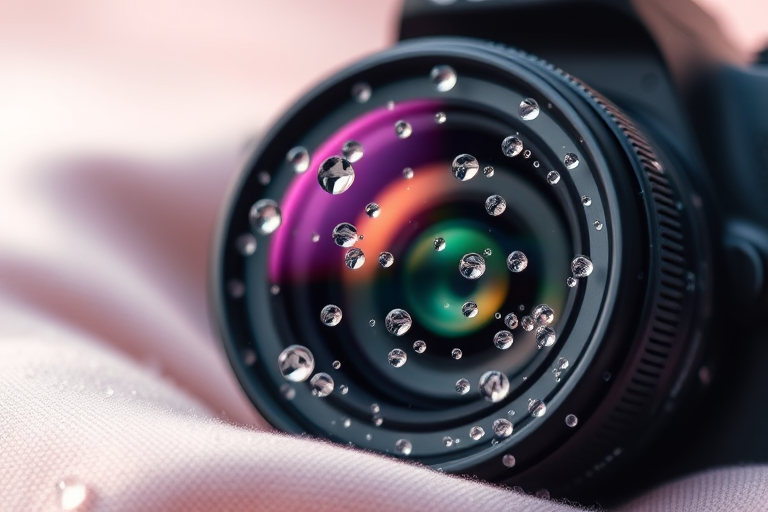 Capture a close-up image of sparkling water droplets on a soft background using a DSLR camera with a 50mm lens, aperture set to f/1.8, shutter speed at 1/200 seconds, ISO 100, in natural light to enhance clarity and reduce noise.