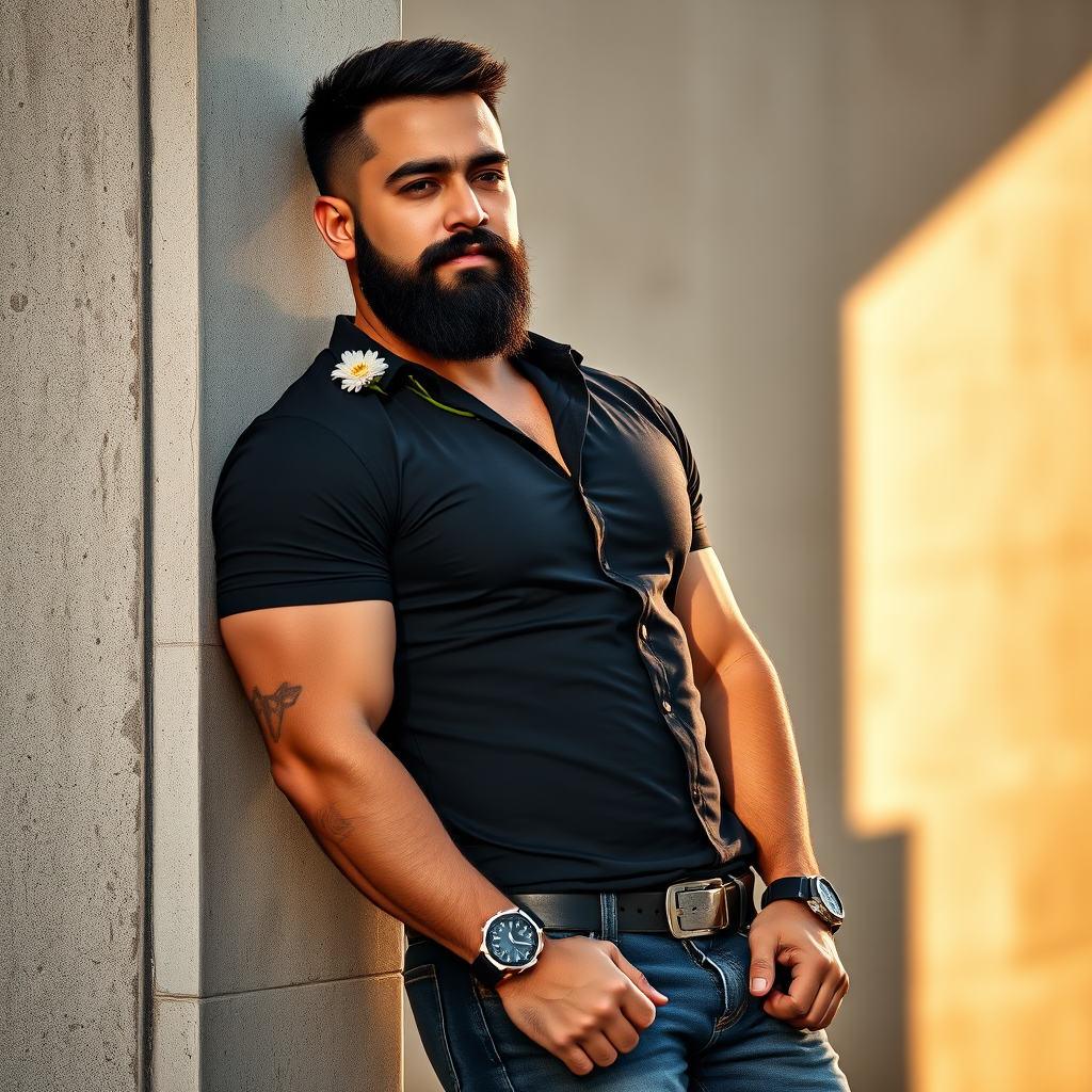An image of a man with beard, holding a flower, leaning on a wall  with sunlight cascading his body, with abs, wearing a black shirt that fits his body some veins and sweat are visible in the arms, a jeans pants, a short hair, 4k UHD resolution" (the watch was not in the prompt, but the AI gave him that