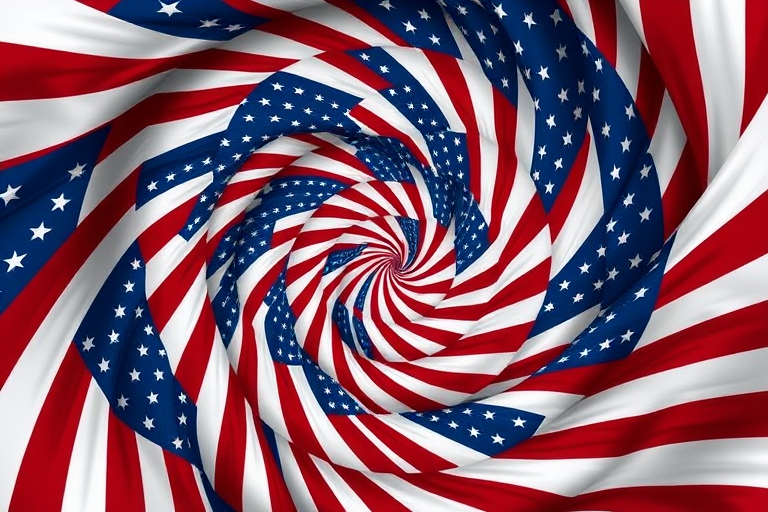 Create an image of swirling American flags in a spiral pattern, using a DSLR camera with a focal length of 50mm, aperture set to f/8, ISO 100, in a high-quality digital style.