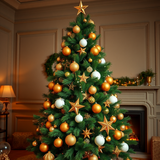 Generate an image of a beautifully decorated Christmas tree in a cozy room. The tree should be lush and green, adorned with golden and white ornaments, including large spherical baubles and stars. The room should have warm lighting, with a decorative fireplace in the background and elegant wall paneling. Add a touch of festive cheer with a star on top of the tree.