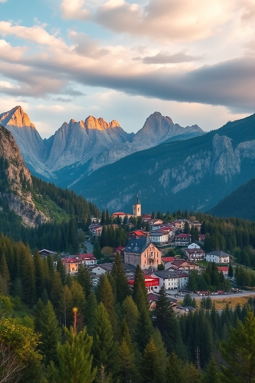 Capture a panoramic landscape of a mountain village surrounded by lush trees and dramatic rocky peaks, using a DSLR camera with a wide-angle lens, aperture set to f/8 for depth of field, ISO 200 for clarity, and a shutter speed of 1/250 seconds to freeze motion, taken during the golden hour for warm light enhancement.