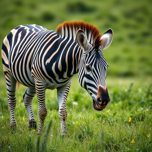 Create a high-resolution image of a zebra grazing in a lush green meadow, using a DSLR camera with a 50mm lens, aperture set to f/2.8, ISO at 200, captured from a low angle to emphasize the stripes and features of the zebra.