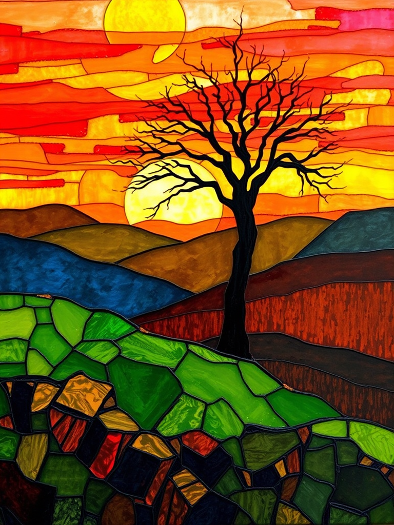 A vibrant abstract painting on Tiffany Glass, blending acrylic and alcohol ink techniques, captures a dramatic sunset over rolling hills. The artwork features a textured, rocky foreground in green and brown, layered abstract hills, and a striking sunset in rich oranges, yellows, and reds. A solitary black tree with intricate branches contrasts against the fiery sky, creating a dynamic and expressive portrayal of a breathtaking natural scene.