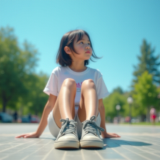 Generate an ultra-realistic, highly detailed, high-definition photograph. It's a photo of a girl sitting on the floor. She's looking at the horizon. The photo is taken from the bottom up, at ground level. The girl's sneakers are in the foreground, in the center of the scene. The girl is wearing light clothes, a t-shirt and short shorts. The sky is blue. Bright environment. The background is a blurred image of a park.