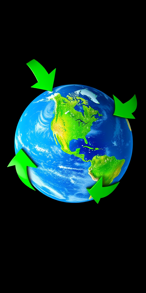 Create an image of a stylized globe with blue oceans and green continents, surrounded by three green recycling arrows; use a Canon EOS 5D Mark IV with a 24-70mm f/2.8 lens, set the aperture to f/8, ISO at 100, and capture from a high-angle view, with vivid colors and sharp details.