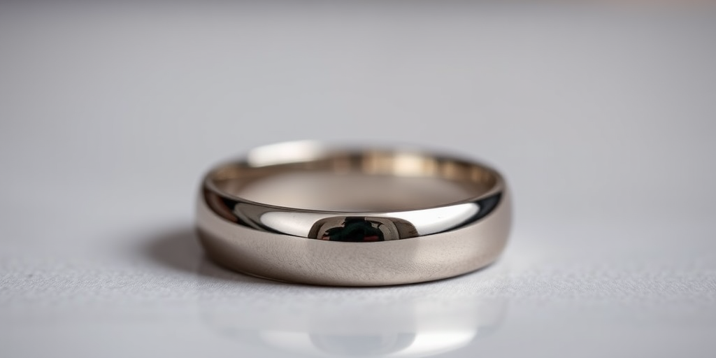 Create a highly detailed image of a polished silver wedding band on a soft gradient background, utilizing a 50mm f/1.8 lens, with a shallow depth of field, shot in macro style on a DSLR camera, and include subtle reflections for enhanced realism.