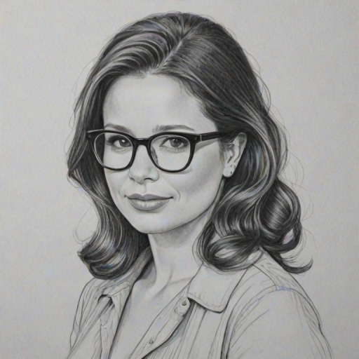 Attractive Katie Lowes, pencil sketch, portrait of Magnificent woman 1961s in glasses, hair style beatnik, outline, clear lines, fine lines, 8k