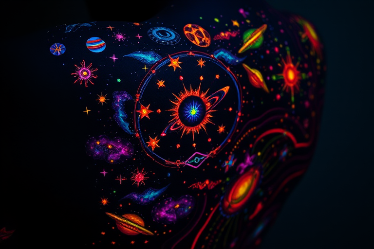 Cosmic blacklight tattoo revealing hidden elements under UV light, intricate space-themed designs with glowing nebulae and stars, mysterious and interactive body art experience