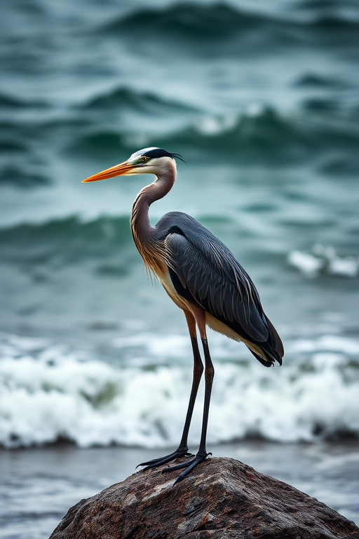 heron standing on a rock by the ocean with waves in the background, taken with a DSLR camera, 200mm lens, f/5.6 aperture, ISO 400, natural light, shallow depth of field, focus on the bird, slightly dark moody atmosphere