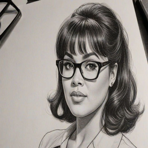 Ravishing Jackee Harry, pencil sketch, portrait of Enticing woman 1962s in glasses, hair style beatnik, outline, clear lines, fine lines, 8k