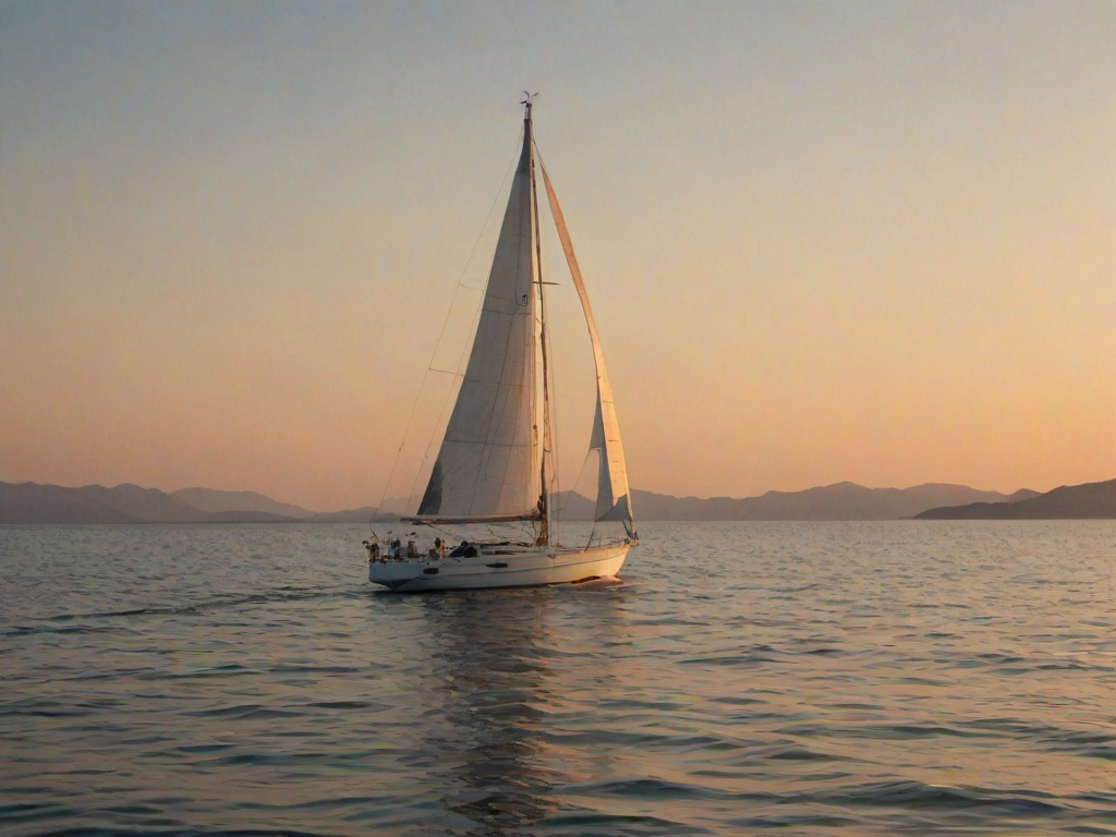 Sharp, high-resolution photo of a sailboat gliding through calm waters at sunset, the golden light reflecting off the ocean surface, distant islands barely visible on the horizon, a soft breeze filling the sails, a sense of peace and serenity captured.