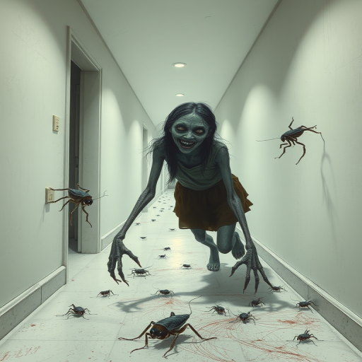 a crooked female with long arms and a creepy smile is crawling along a long white corridor and you can also see cockroaches in it there is a creepy atmosphere creepy art style