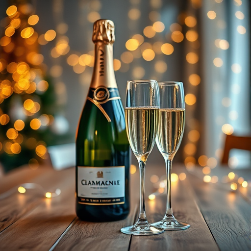Still life of a champagne bottle and two elegant flutes on a wooden table with golden celebration decorations and fairy lights in the background, taken with a Canon EOS R, 50mm lens, f/1.8 aperture, ISO 100, shutter speed 1/60s, low angle view, soft focus effect.